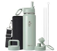 Coolflask Borraccia termica con cannuccia, in acciaio inox, con 3 coperchi, imboccatura larga, per sport o ufficio, senza BPA, mantiene il freddo fino a 48 ore o caldo fino a 24 ore, grigio verde