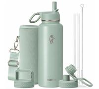 Coolflask Borraccia termica con cannuccia, in acciaio inox, con 3 coperchi, per sport o ufficio, mantiene il freddo fino a 48 ore e caldo per 24 ore, grigio verde