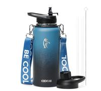 Coolflask Borraccia termica con cinghia, bottiglia d'acqua in metallo da 950 ml con cannuccia e coperchi a becco versatore, isolamento a doppia parete in acciaio inossidabile, mantiene freddo 48 ore e
