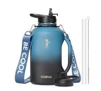 Coolflask - Borraccia termica con manico, da 1,89 litri, con cinghia e cannuccia, in acciaio inox a doppia parete sottovuoto, ermetica, mantiene il freddo per 48 ore e caldo per 24 ore, colore: blu di