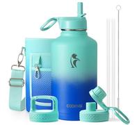 Coolflask - Borraccia termica da 1,9 l, con cannuccia e 3 coperchi, brocca per l'acqua da mezzo gallone, grande in acciaio inox, bocca larga, per sport, palestra o ufficio, non BPA, mantiene il freddo