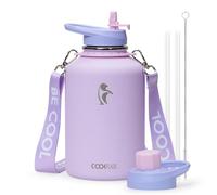 Coolflask Borraccia termica da 1,9 litri con cinghia, in acciaio inox con cannuccia e beccuccio, grande borraccia in metallo, mantiene il freddo per 48 ore e caldo per 24 ore, a prova di perdite e