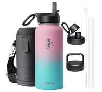 Coolflask Borraccia termica da 1 l, in acciaio inox, con cannuccia e 3 coperchi, doppia bottiglia di acqua calda e fredda, a prova di perdite, robusta e facile da pulire, gomma da masticare