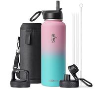 Coolflask Borraccia termica da 1180 ml, con cannuccia e 3 coperchi, in acciaio inox, con imboccatura larga, per sport o ufficio, senza BPA, mantiene il freddo fino a 48 ore o caldo fino a 24 ore,
