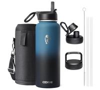 Coolflask Borraccia termica da 1180 ml, con cannuccia e 3 coperchi, in metallo, per sport o ufficio, a prova di perdite, a prova di perdite, facile da pulire, colore nero indaco