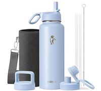Coolflask - Borraccia termica da 1180 ml, con cannuccia e spazzola, in acciaio inox, con 3 coperchi, per sport, palestra o ufficio, mantiene il freddo per 48 ore e il caldo per 24 ore, colore: azzurro