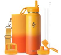 Coolflask - Borraccia termica da 1180 ml, con cannuccia e spazzola, in acciaio inox, con 3 coperchi, per sport, palestra o ufficio, mantiene il freddo per 48 ore e caldo per 24 ore, giallo/arancione