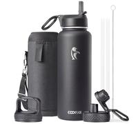 Coolflask - Borraccia termica da 1180 ml, con cannuccia e spazzola, in acciaio inox, con 3 coperchi, per sport, palestra o ufficio, mantiene il freddo fino a 48 ore e caldo per 24 ore, colore: nero