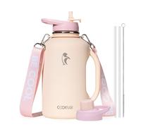 Coolflask - Borraccia termica da 1800 ml, con manico e cannuccia, in acciaio inox, a doppia parete, con cinghia, senza BPA, a tenuta stagna, mantiene il freddo per 48 ore, rosa albicocca
