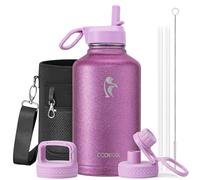 Coolflask Borraccia termica da 2l, con cannuccia e 3 coperchi, brocca per l'acqua da 2l, in acciaio inox, con imboccatura larga in metallo, per sport, palestra o ufficio, senza BPA, mantiene