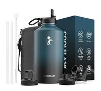 Coolflask Borraccia termica da 3,6 litri, con cannuccia e 3 coperchi, grande brocca in acciaio inox a bocca larga, per sport, palestra o ufficio, senza BPA, mantiene il freddo per 48 ore e calde per