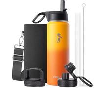 Coolflask Borraccia termica da 590 ml, con cannuccia, in acciaio inox, con 3 coperchi, imboccatura larga, per sport o ufficio, senza BPA, mantiene il freddo fino a 48 ore o caldo fino a 24 ore, giallo