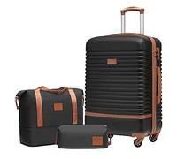 COOLIFE valigia trolley valigia da viaggio in ABS rigido trolley 4 ruote lucchetto TSA La valigia contiene 1 borsa da viaggio e 1 beauty case (Nero/Marrone, Set di 3 valigie medie)
