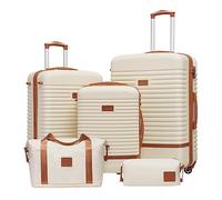 COOLIFE valigia trolley valigia da viaggio in ABS rigido trolley 4 ruote lucchetto TSA La valigia contiene 1 borsa da viaggio e 1 beauty case (Bianco/Marrone, Set di 5 valigie)