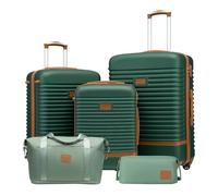 COOLIFE valigia trolley valigia da viaggio in ABS rigido trolley 4 ruote lucchetto TSA La valigia contiene 1 borsa da viaggio e 1 beauty case (Verde scuro/Marrone, Set di 5 valigie)