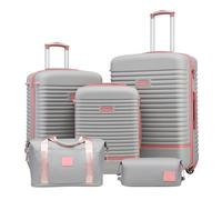 COOLIFE valigia trolley valigia da viaggio in ABS rigido trolley 4 ruote lucchetto TSA La valigia contiene 1 borsa da viaggio e 1 beauty case (Grigio/Rosa, Set di 5 valigie)