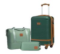 COOLIFE valigia trolley valigia da viaggio in ABS rigido trolley 4 ruote lucchetto TSA La valigia contiene 1 borsa da viaggio e 1 beauty case (Verde scuro/Marrone, Set di 3 valigie da cabina)
