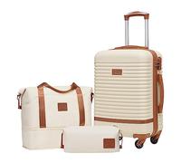 COOLIFE valigia trolley valigia da viaggio in ABS rigido trolley 4 ruote lucchetto TSA La valigia contiene 1 borsa da viaggio e 1 beauty case (Bianco/Marrone, Set di 3 valigie da cabina)