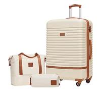 COOLIFE valigia trolley valigia da viaggio in ABS rigido trolley 4 ruote lucchetto TSA La valigia contiene 1 borsa da viaggio e 1 beauty case (Bianco/Marrone, Set di 3 valigie grandi)