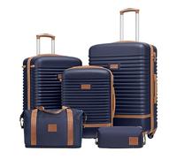 COOLIFE valigia trolley valigia da viaggio in ABS rigido trolley 4 ruote lucchetto TSA La valigia contiene 1 borsa da viaggio e 1 beauty case (Blu/Marrone, Set di 5 valigie)