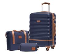 COOLIFE valigia trolley valigia da viaggio in ABS rigido trolley 4 ruote lucchetto TSA La valigia contiene 1 borsa da viaggio e 1 beauty case (Blu/Marrone, Set di 3 valigie medie)