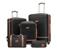 COOLIFE valigia trolley valigia da viaggio in ABS rigido trolley 4 ruote lucchetto TSA La valigia contiene 1 borsa da viaggio e 1 beauty case (Nero/Marrone, Set di 5 valigie)