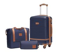 COOLIFE valigia trolley valigia da viaggio in ABS rigido trolley 4 ruote lucchetto TSA La valigia contiene 1 borsa da viaggio e 1 beauty case (Blu/Marrone, Set di 3 valigie da cabina)