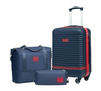 COOLIFE valigia trolley valigia da viaggio in ABS rigido trolley 4 ruote lucchetto TSA La valigia contiene 1 borsa da viaggio e 1 beauty case (Blu/Rosso, Set di 3 valigie da cabina)