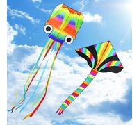 COOLJOY Aquilone 2 Pezzi, 4M Polpo Aquilone Arcobaleno e Grande Aquilone Delta Arcobaleno con Lunga Coda Colorata per Bambini Adulti Giochi all'Aperto Attività Volare Facilmente