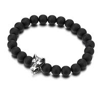 COOLSTEELANDBEYOND 8MM Opaca Onice Nero, Uomo Ragazzi Bracciale Braccialetto di Perle, Acciaio Testa di Lupo Charm Fascino, Estensibile