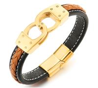 COOLSTEELANDBEYOND Bracciale In Pelle da Uomo con Manette In Acciaio Dorato, Cinturino Intrecciato Nero E Marrone