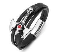 COOLSTEELANDBEYOND Bracciale in Pelle Nera per Uomo con Teschio Ascia con Gemma Rossa Stile Rock Punk Viking
