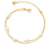 COOLSTEELANDBEYOND Cavigliera con Catena Dorata per Donna con Perline di Perla Bianca, Elegante a Doppio Filo Regolabile