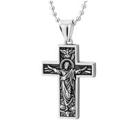 COOLSTEELANDBEYOND Collana Croce di Gesù per Uomo, Pendente Religioso in Acciaio con Figura del Cristo in Rilievo e Dettagli Ornamentali