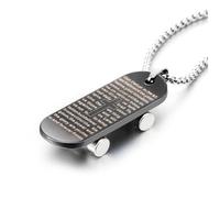 COOLSTEELANDBEYOND Collana Skateboard per Uomo, Pendente Nero con Incisione del Padre Nostro e Ruote Mini, Gioiello Streetwear