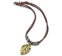 COOLSTEELANDBEYOND Donna Boho Foglia Ciondolo Collana, Bronzo Charms e Perlina, Marrone Cavo in Pelle, Ispirato Natura