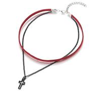 COOLSTEELANDBEYOND Due File Rosso Collana Girocollo Choker da Donna con Nero Catena e Croce Charm Pendente
