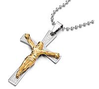 COOLSTEELANDBEYOND Grande Gesù Cristo Crocifisso Croce Ciondolo, Collana con Pendente da Uomo, Acciaio Oro Argento Palla Catena 75cm