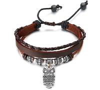 COOLSTEELANDBEYOND Marrone Multi-Filo Pelle Cuoio Braccialetto, Gufo e Perlina Charms, Intrecciato Cotone Cinghie, per Uomo Donna