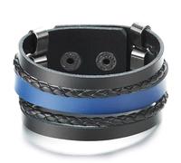 COOLSTEELANDBEYOND Multi-Fila Cuoio Braccialetto Blu Nero, Uomo Donna Largo Intrecciato Cuoio Avvolgere Bracciali, Minimalista