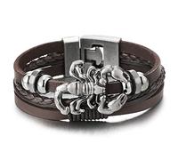 COOLSTEELANDBEYOND Multi-Fila Marrone Pelle Intrecciata Braccialetto da Uomo, Annata Scorpione e Perlina, Biker Bracciale