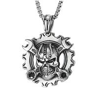 COOLSTEELANDBEYOND Uomo Acciaio Annata Meccanico Chiave Inglese Ingranaggio Ruota Cranio Collana Pendente Teschio, Biker Gothic