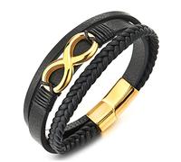 COOLSTEELANDBEYOND Uomo Donna Colore Oro Infinito Amore Eterno Numero 8 Tre Filoni Nero Intrecciata Bracciale di Cuoio, Braccialetto Pellei