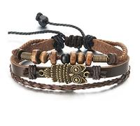 COOLSTEELANDBEYOND Uomo Donna Multi-Filo Marrone Scuro Pelle Cuoio Intrecciato Marrone Cotone Cinghie Braccialetto Gufo e Perlina Charms