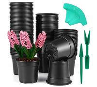 Coolty 100 vasi da 10,2 cm in plastica nera per piante/fiori, con 100 etichette per piante e 1 set di mini attrezzi per trapianto, per interni ed esterni, giardino, cortile, parco