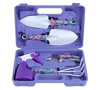Coolty Attrezzi da Giardino, Set di Attrezzi da Giardinaggio con Manico ergonomico e Stampa Floreale Viola, Kit per Giardinaggio e piantare con Custodia per Il Trasporto (5 Pezzi)