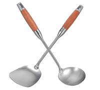 Coolty Set di 2 utensili da cucina in acciaio inox 304 con spatola wok e mestolo da minestra con manico in legno resistente al calore lungo