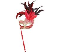 Coolwife - Maschera da Donna in Maschera con Piuma e Bastone, per Feste e Carnevale - Rosso - Taglia Unica