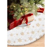COOLWUFAN Gonna per Albero di Natale da 48 Pollici/122CM per Decorazioni per Feste di Albero di Natale Peluche Bianche con Paillettes Oro Fiocco di Neve