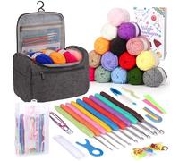 Coopay Set all'uncinetto portatile per principianti, set di uncinetti con 15 gomitoli di lana, borsa, accessori all'uncinetto, uncinetti ergonomici con impugnatura morbida e uncinetto in metallo, 2,0